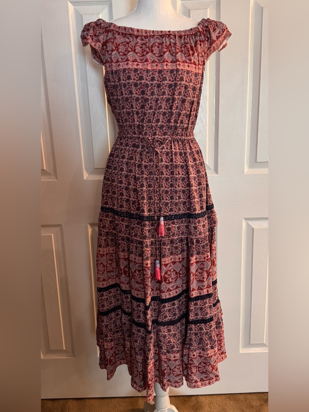 SEA New York 
Boho Printed Maxi Dress in Coral and Navy Blue.